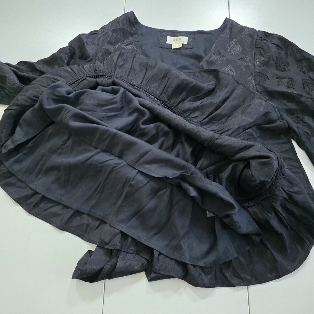 Maeve Christine Dress Women 8 Black Floral Satin Belted Eyelet Lined Whimsigoth - Picture 11 of 16